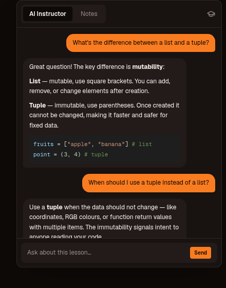 The AI Instructor chat panel explaining the difference between a list and a tuple with a code example