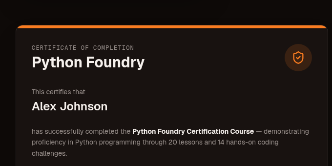 A public Python Foundry certificate of completion issued to a course graduate