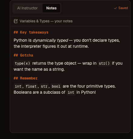 The notes panel showing saved personal notes for the Variables & Types lesson